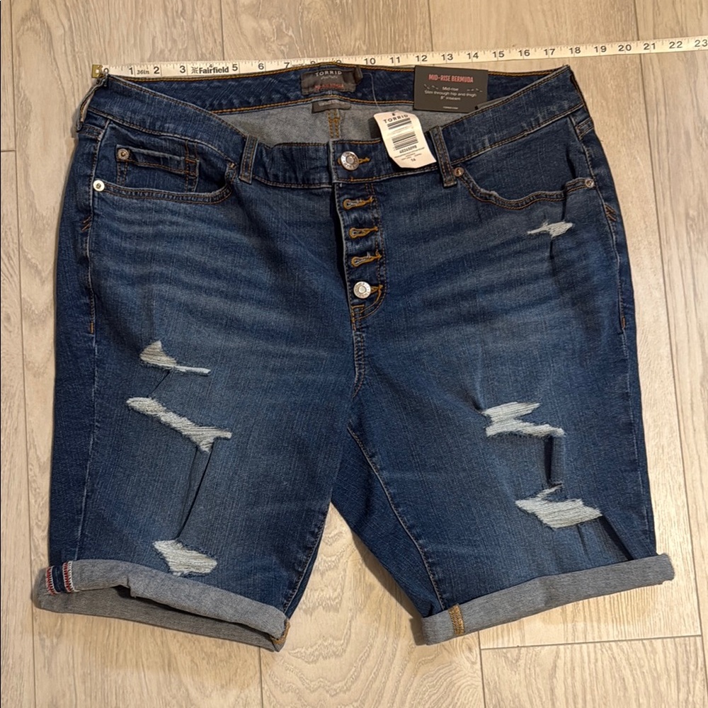 Torrid Dark Blue Distressed Mid-Rise Bermuda Jean Shorts